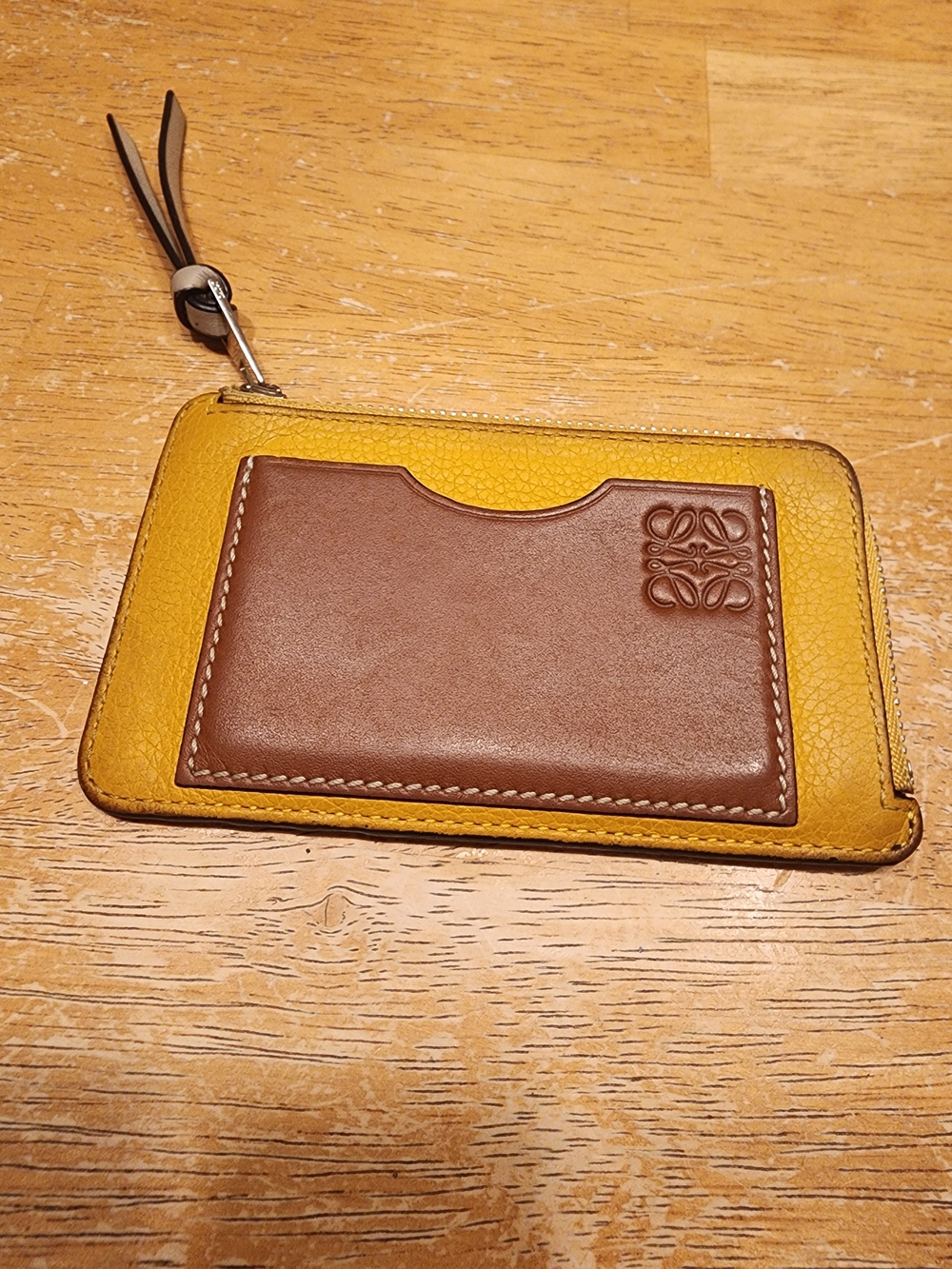 bicolor Loewe Anagram coin card holder in sunflower yellow and brown calfskin